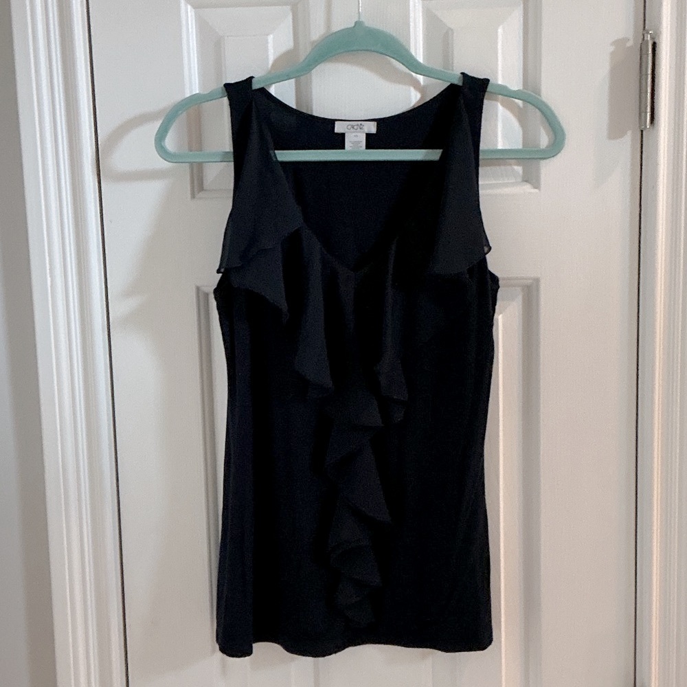 Cache Navy Chiffon Ruffle V-Neck Top